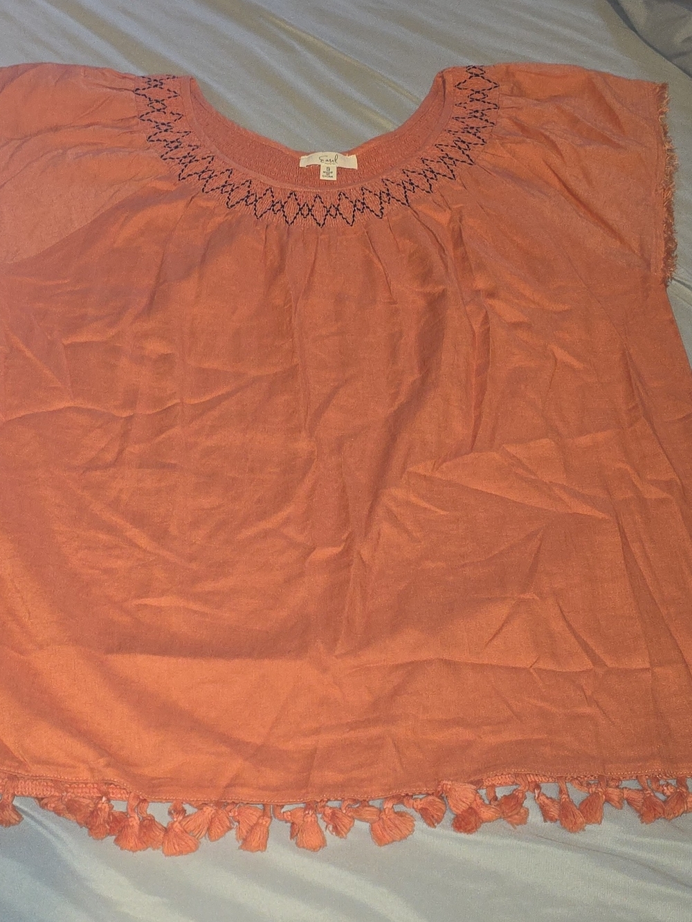 Easel Orange Embroidered Boho Tassel Hem Pullover Top Size S NWOT